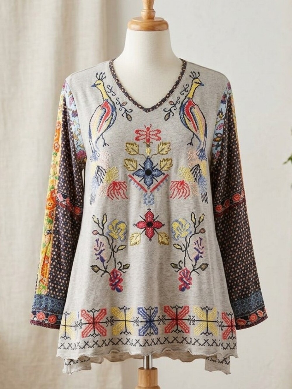 John Mark Folk Art Bird Embroidery Tunic Medium Mixed Print Boho Sweatshirt
